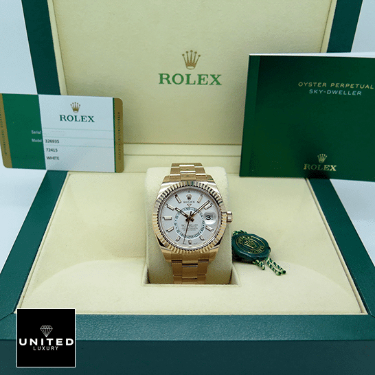 Rolex Sky-Dweller Rose Gold White Dial 326935-0005 Oyster Replica & Guarantee Card in the Green Rolex Box