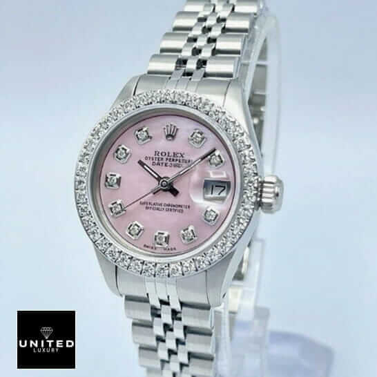 Rolex Datejust 126234 Diamond Bezel Pink Dial Replica 4 Rolex Datejust Pink Diamond Dial Jubilee Replica on the white stand