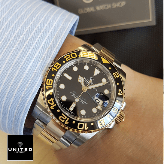 Rolex Gmt Two Tone Replica 2 under the shirt Rolex GMT-Master II 116713 Two Tone Oyster Replica on his arm
