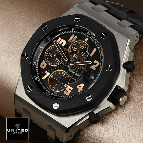Audemars Piguet New York Replica Watch 2 Audemars Piguet 26298SK.OO_.D101CR.01 Black Dial Replica rose gold background