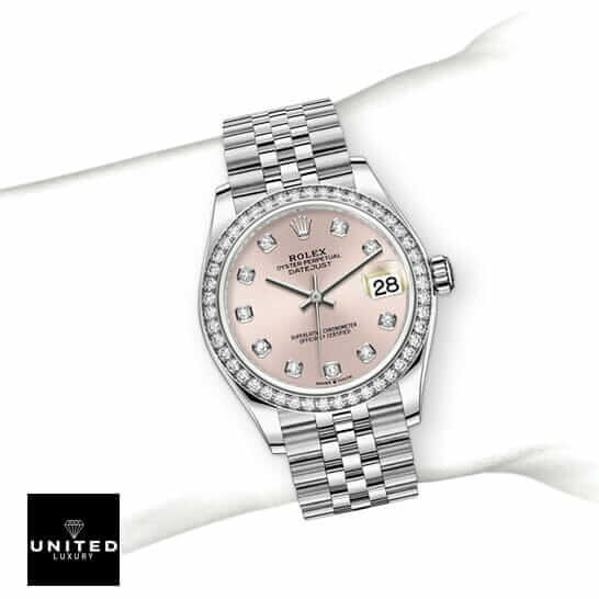 Rolex Datejust 126234 Diamond Bezel Pink Dial Replica 9 Rolex Datejust Pink Diamond Replica on the wrist