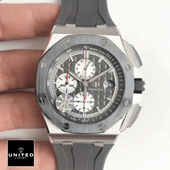 Royal Oak Chrono Novelty Replica 8 AP Royal Oak Novelty Grey Rubber Bracelet & Dial Replica white background