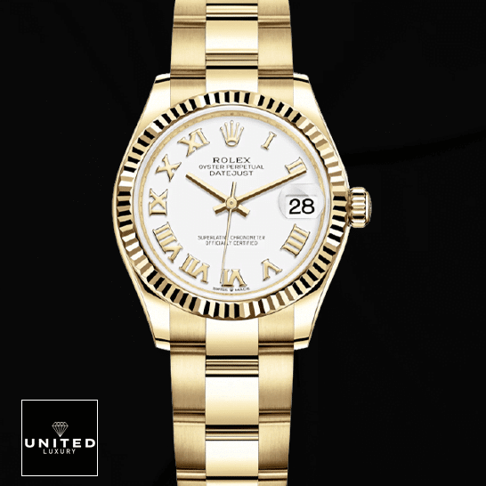 Rolex Oyster Datejust Replica 1 Rolex Datejust 278278 White Dial & Yellow Gold Fluted Bezel Replica Black Background