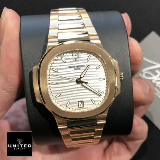 Patek Philippe Rose White Replica 3 Patek Philippe Rose Gold White Dial Replica on the stand