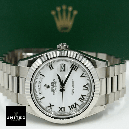 Rolex Day-Date Roman White Dial Replica 3 Rolex Day-Date II 218239 Replica & Rolex Box background