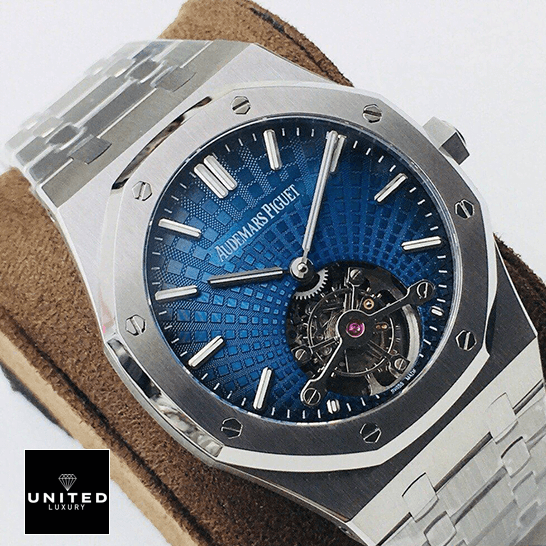 Audemars Piguet Royal Oak Tourbillon 26522TI.OO.1220TI.01 Replica 5 Audemars Piguet Royal Oak Blue Dial Tourbillion Replica on the stand