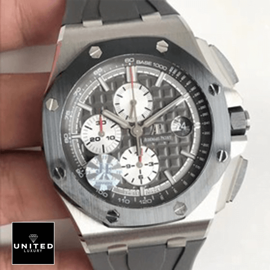 Royal Oak Chrono Novelty Replica 6 Audemars Piguet Royal Oak Grey Dial Replica white background on the hand