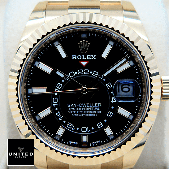 Rolex Sky-Dweller Gold Replica 4 Rolex Sky-Dweller Black Dial Yellow Gold Fluted Bezel 326938-0004 Replica
