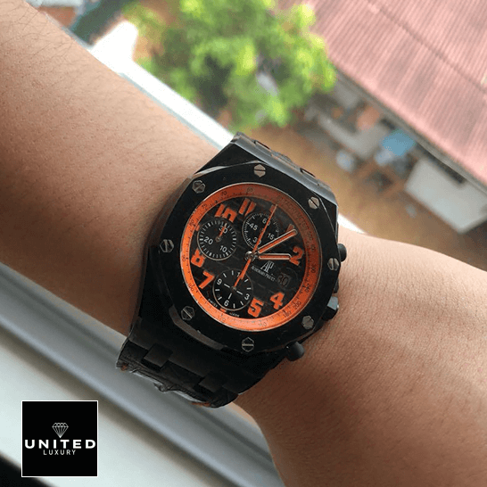 AP Volcano Replica 6 Audemars Piguet Royal Oak Orange Dial Replica on the man wrist