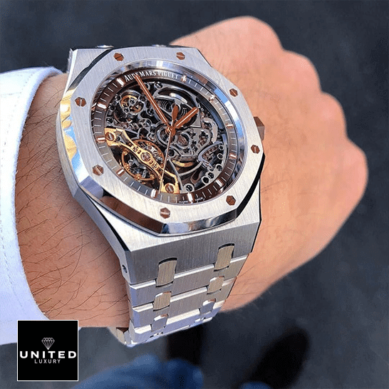 Audemars Piguet Royal Oak Double Balance Wheel Openworked 15407ST Replica 1 Audemars Piguet Royal Oak Skeleton Dial Replica on the wristh