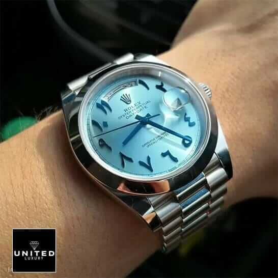 Rolex Day-Date Arabic Dial 228206 Replica 6 Rolex DayDate 40 228206 Turquoise Dial Replica on his arm