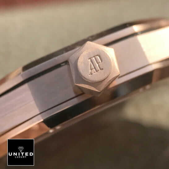 AP Skeleton Rose Replica 6 Audemars Piguet Royal Oak Rose Gold Case Replica crown on the ap logo
