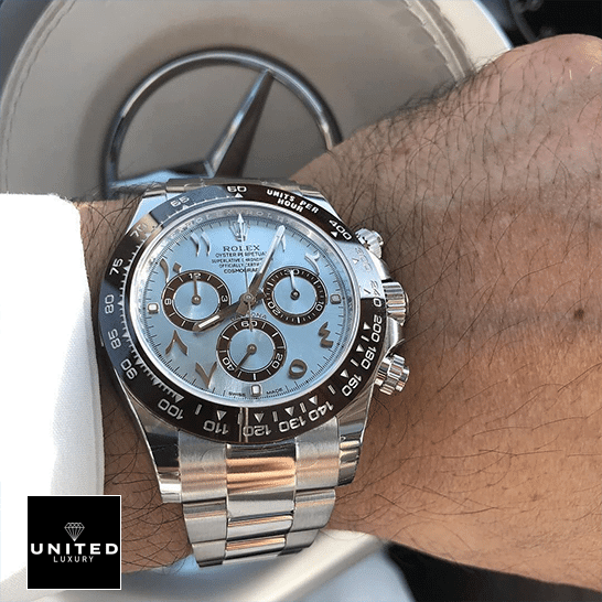 Rolex Daytona Platinum Ice-Blue Arabic Dial 116506-0001 Oyster Replica 2 Rolex Daytona Platinum Ice-Blue/Hindu-Arabic Dial 116506-0001 Replica on his arm