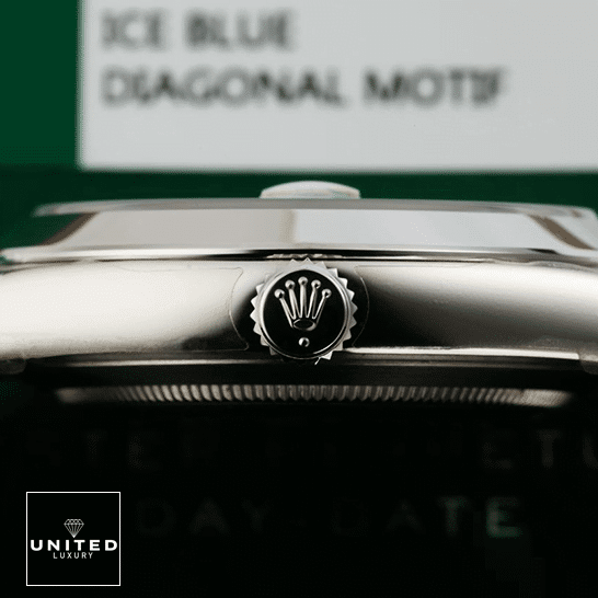 Rolex Day Date Ice Blue Baguette Dial Platinum Presidential 228206 Replica 2 Rolex Day-Date 228206 Silver Crown Pusher Right Side Replica