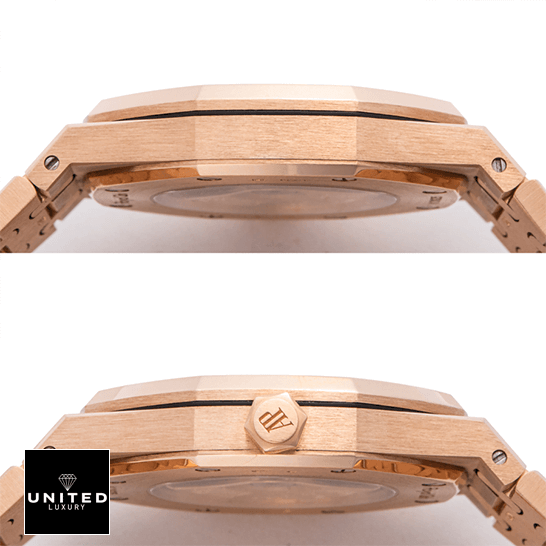 Audemars Piguet Royal Oak 15400OR.OO.1220OR.03 Replica 2 Audemars Piguet Royal Oak Gold Replica crown side view white background
