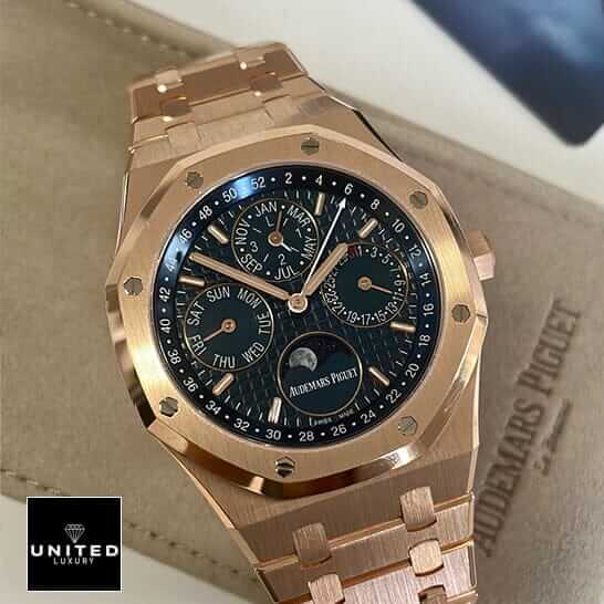 AP Rose Gold Blue Dial Replica 2 Audemars Piguet Royal Oak Gold Blue Dial Replica on the leather