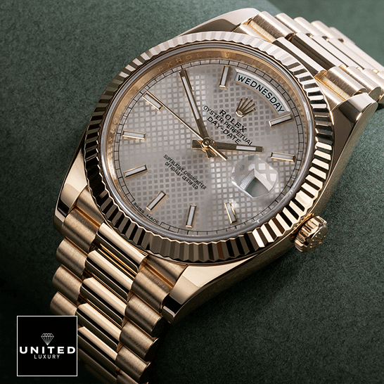 Rolex Diogonal Silver Replica 4 Rolex Day-Date 228238 Oyster Bracelet & Gold Crown Pusher