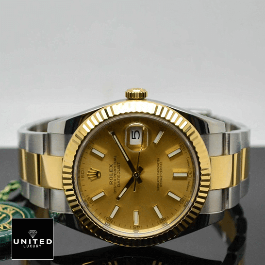 Yellow Oyster Perpetual Replica 5 Rolex Datejust 126333 Replica Champagne Dial Oyster Bracelet on the table