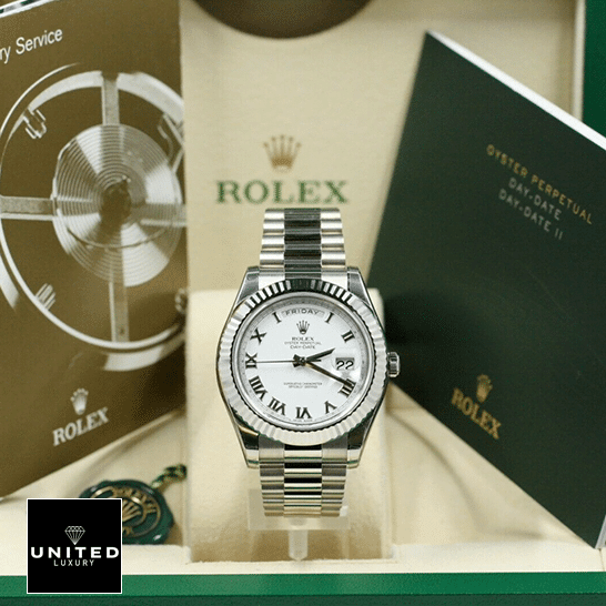 Rolex Day-Date Roman White Dial Replica 1 Rolex Day-Date II 218239 Replica in the Rolex Box & Instructions for Use