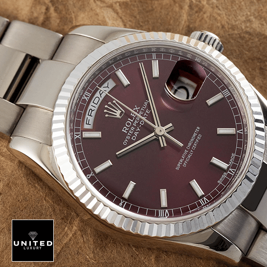 Rolex Day-Date 36 White Gold 118239-0304 Replica 4 Rolex day-date 118239-0304 purple dial leather backgorund