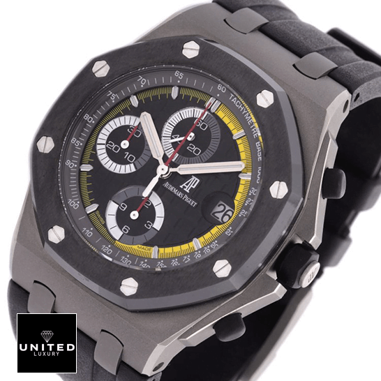 AP Sebastien Buemi Replica 1 Audemars Piguet Royal Oak Black Yellow Dial Replica white background