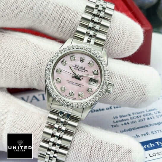 Rolex Datejust 126234 Diamond Bezel Pink Dial Replica 6 Rolex Datejust Stainless Steel Jubilee Bracelet Pink Diamond Dial Replica on the hand