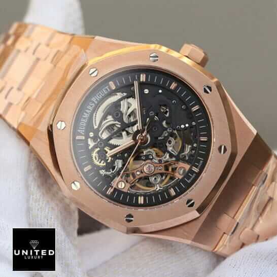 AP Skeleton Rose Replica 5 Audemars Piguet Royal Oak Skeleton Black Dial Replica on the hand