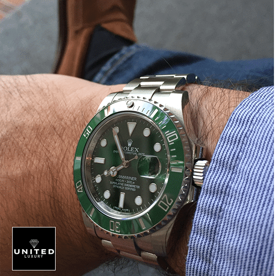 Rolex Submariner Hulk 116610LV Green Dial Replica 6 Rolex Submariner Hulk 116610LV Green Dial S.Steel Oyster Replica on his arm