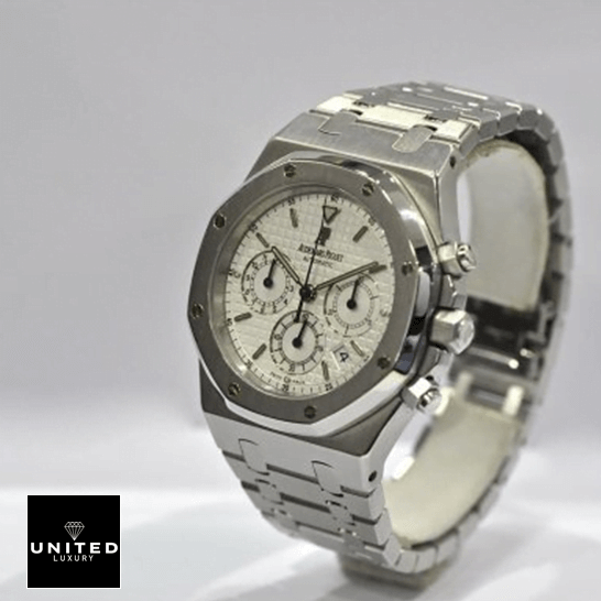 Audemars Piguet Royal Oak Chronograph 26300ST.OO.1110ST.05 Replica 1 Audemars Piguet Royal Oak White Dial Steel Bracelet Replica gray background