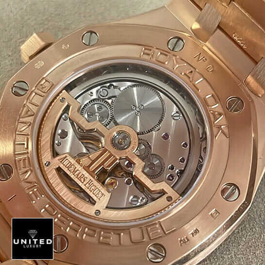 AP Rose Gold Blue Dial Replica 3 Audemars Piguet Royal Oak Gold Casse Replica upside view