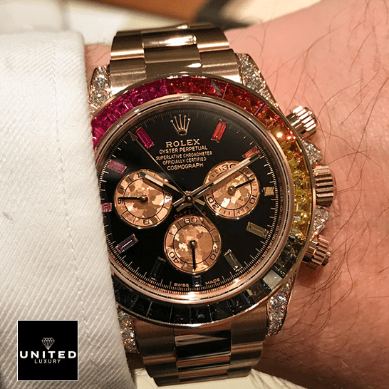 Rolex Daytona Cosmograph 116519 Rainbow & Black Dial Replica 4 Rolex Daytona Cosmograph Rainbow Bezel Black Dial 116519 Oyster Replica on his hands