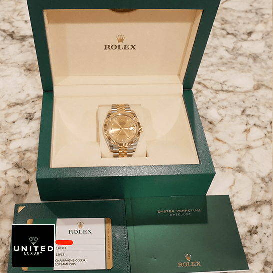 Datejust 126333 Replica 3 Rolex 126333 Yellow Gold Diamond Jubilee Replica in the box next to warranty card