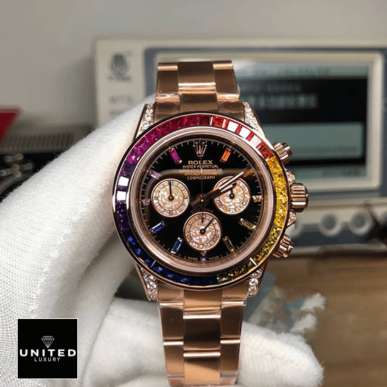 Rolex Daytona Cosmograph 116519 Rainbow & Black Dial Replica 1 Rolex Daytona Cosmograph Rainbow Crystals Bezel 116519 Replica on the hands