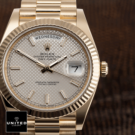 Rolex Diogonal Silver Replica 6 Rolex Day-Date 228238 Replica Yellow Gold Bezel &Brown Wave background