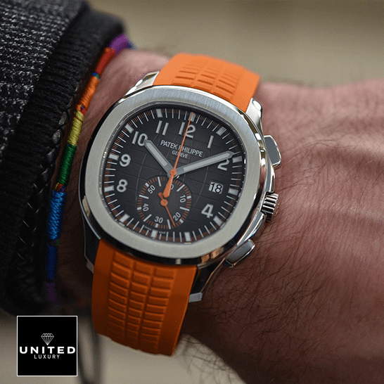 Patek Philippe Chronograph Replica 4 Patek Philippe Aquanaut Geneve Orange Rubber Bracelet Replica on the wrist