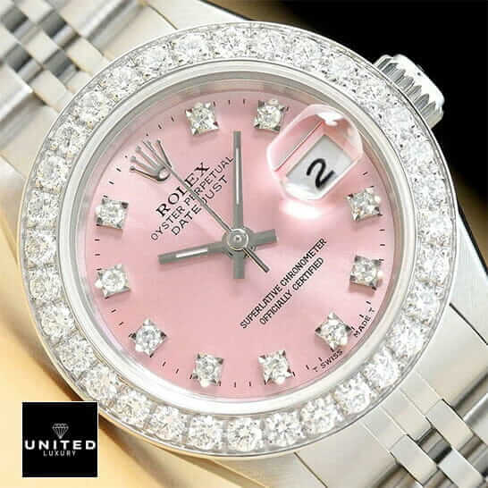 Rolex Datejust 126234 Diamond Bezel Pink Dial Replica 1 Rolex Datejust Pink Diamond Dial Diamond Bezel Replica close cyclops view