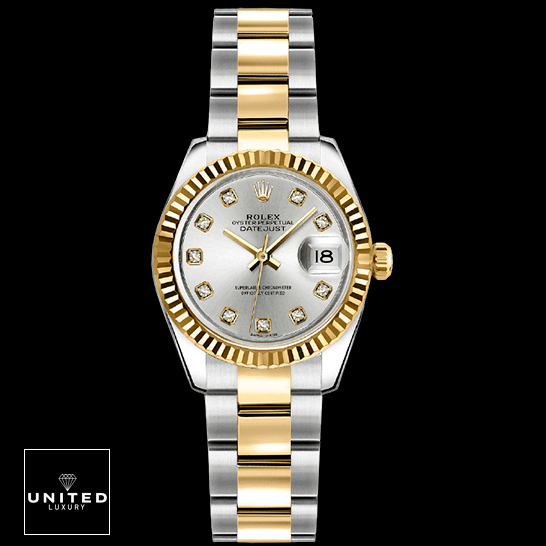 Rolex Datejust Two Tone Replica 1 Rolex Datejust 179173 White Dial with Diamonds Replica Black Background