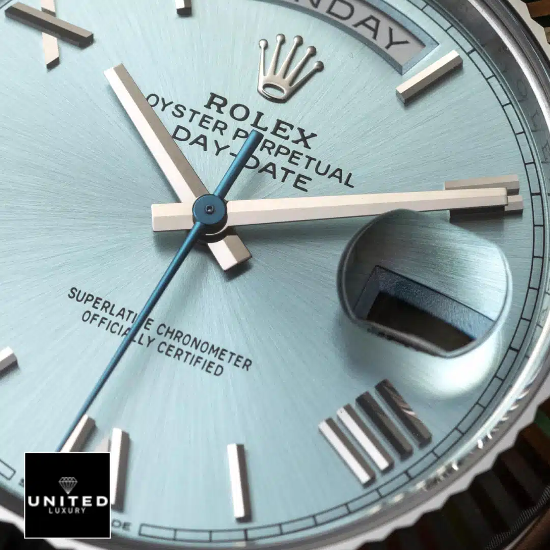 Rolex Day Date Ice Blue Grooved Replica 2 Rolex Day Date 228236 Turquoise Dial with Romen Numerial Replica