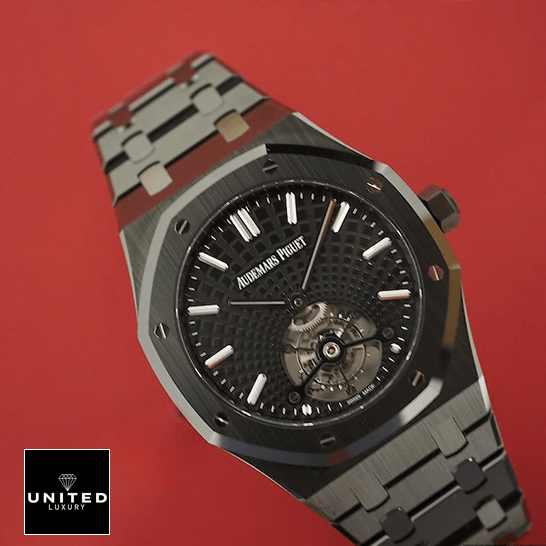 Audemars Piguet Royal Oak Tourbillon 26522CE.OO.1225CE.01 Replica 3 Audemars Pig?et Tourbillion Black Dial Steel Bracelet 26522CE.OO_.1225CE Replica red background