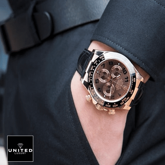 Rolex Daytona 40MM Replica 2 Rolex Daytona Cosmograph 116515LNBR Rose Gold Case Chocolate Dial Replica on is arm