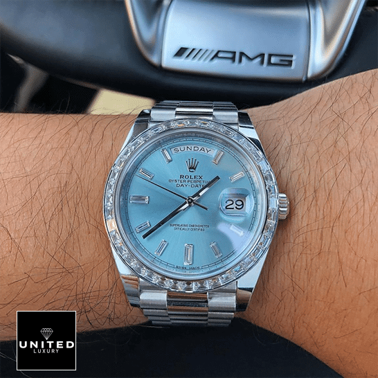 Rolex Day-Date Platinum 228396TBR Ice Blue Baguette Index Replica 6 Rolex Day-Date 228396TBR001 Replica on is arm
