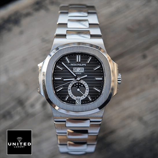 Patek Philippe Nautilus Black Dial Replica 3 Patek Philippe Nautilus Grey Dial Steel Bezel Replica front view
