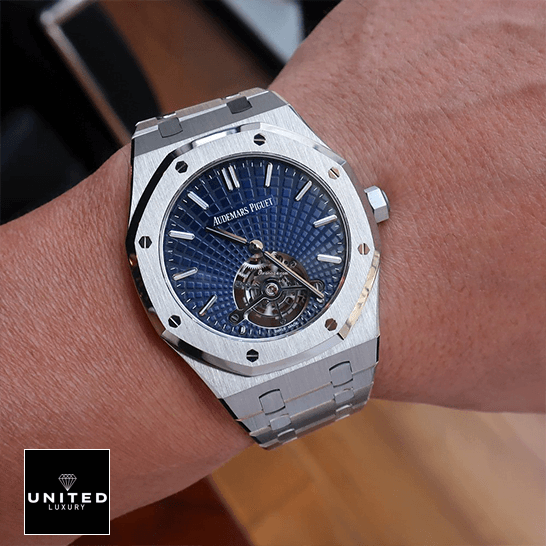 Audemars Piguet Royal Oak Tourbillon 26522TI.OO.1220TI.01 Replica 4 Audemars Piguet Tourbillion Blue Dial Replica on the wrist