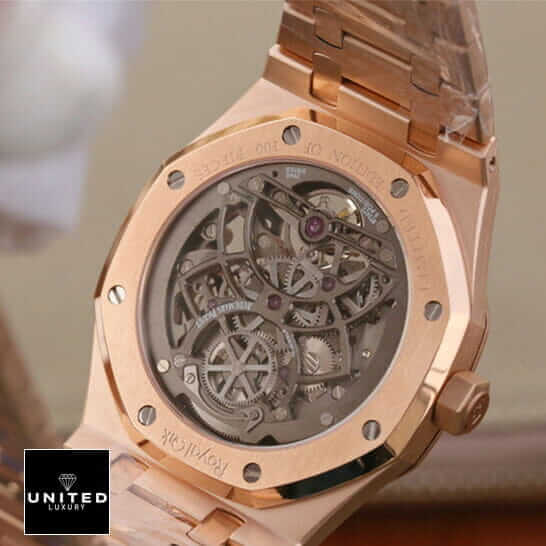 AP Skeleton Rose Replica 2 Audemars Piguet Rose Gold Skeleton Replica upside view