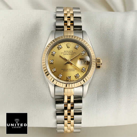 Rolex Datejust Yellow Gold Steel Diamond Dial Ladies 69173 Jubilee Replica 3 Rolex Datejust Yellow Gold 69173 Replica white background