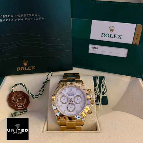 Rolex Daytona Cosmograph 116528 Yellow Gold White Dial Oyster Replica 4 Rolex Daytona 116528 Yellow Gold White Dial Oyster Replica & Guarantee Card in the Rolex Box