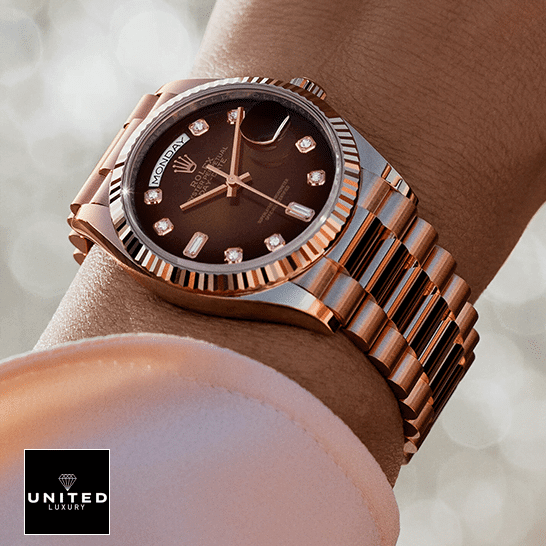 Rolex Day-Date 128235-0037 Brown Ombre Dial Replica 3 Rolex Day-Date 36 128235-0037 replica on the arm