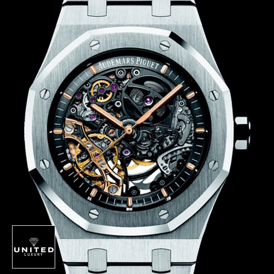 Audemars Piguet Royal Oak Double Balance Wheel Openworked 15407ST Replica 2 Audemars Piguet Royal Oak Stainless Steel Skeleton Replica black background