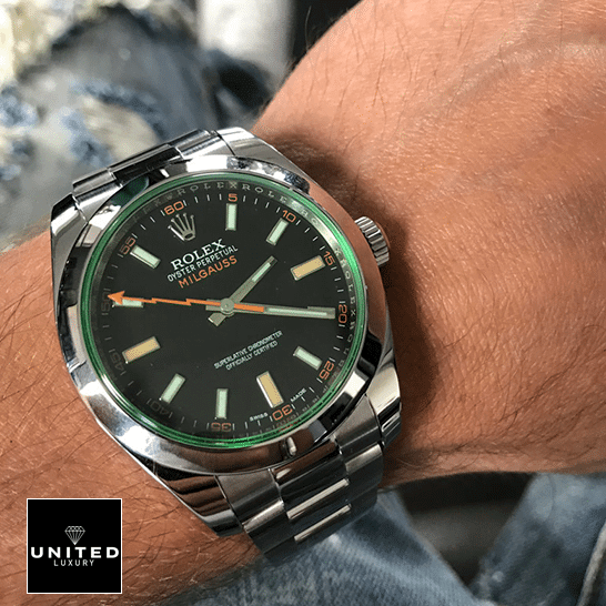 Rolex Milgauss Black Dial Green Crystal M116400GV-0001 Oyster Replica 2 Rolex Milgauss M116400GV Green Crystal Stainless Steel Oyster Replica on his arm