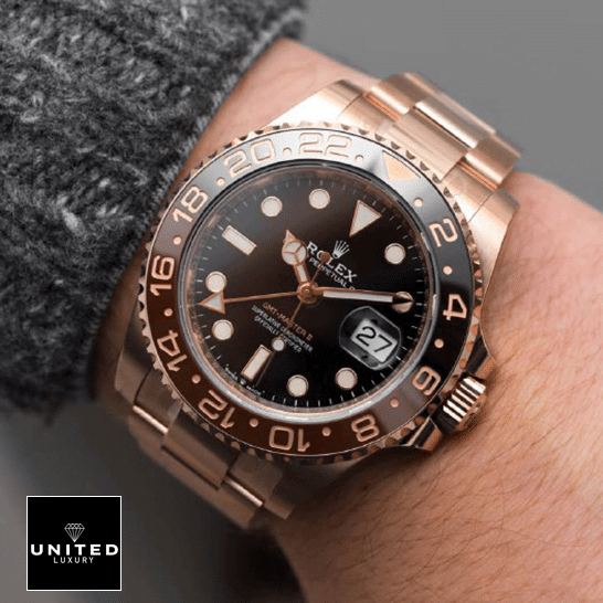 Rolex GMT-Master II 126715CHNR-0001 Rose Gold Automatic Black Dial Oyster Replica 1 Rolex GMT-Master II 126715CHNR-0001 Black Dial Replica on his arm